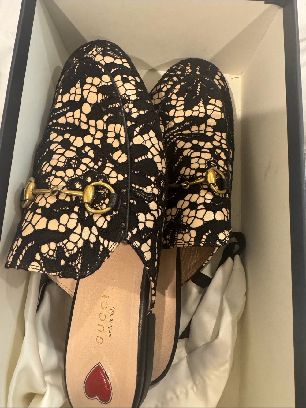 Gucci Black Lace Over Nude Leather Horsebit Mule